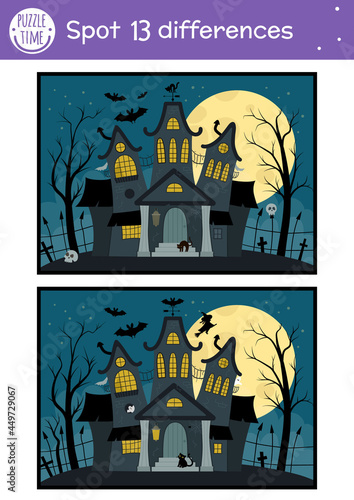 Halloween find differences game for children. Autumn educational activity with funny haunted house. Printable worksheet with spooky cottage. Cute all saints day scene.