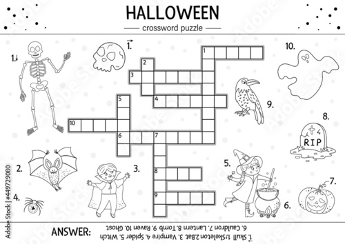 Vector black and white Halloween crossword puzzle for kids. Simple quiz or coloring page with all saints day objects. Educational activity with traditional scary objects, such as witch, ghost, vampire