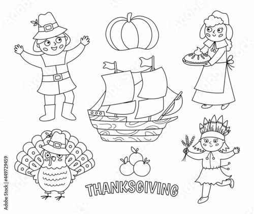 Black and white Thanksgiving Day characters set. Vector Autumn line icons collection with pilgrims, native Indian, ship, turkey, pumpkin. Cute outline fall holiday collection or coloring page.