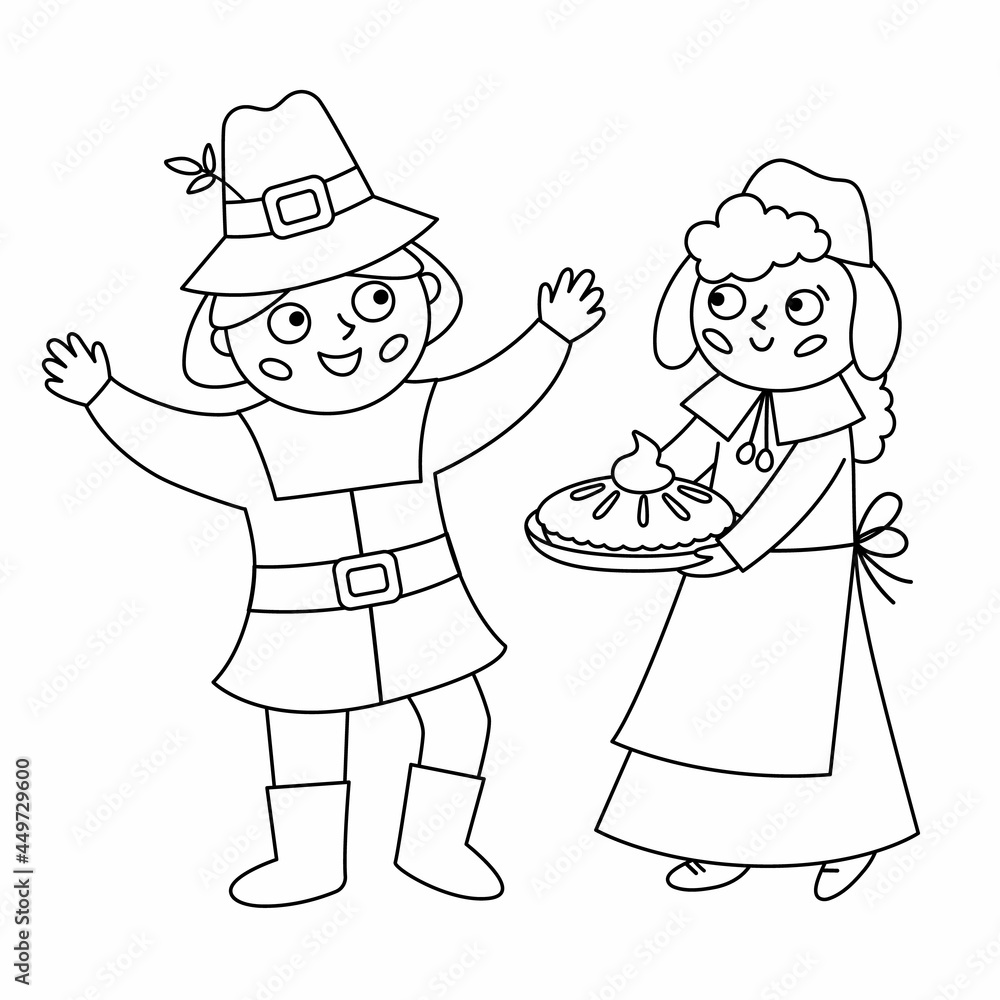 Vector black and white pilgrim man and woman isolated on white background. Thanksgiving Day outline line characters. Autumn line icon with first American people. Cute fall first settlers Vector black and white pilgrim man and woman isolated on white background. Thanksgiving Day outline line characters. Autumn line icon with first American people. Cute fall first settlers