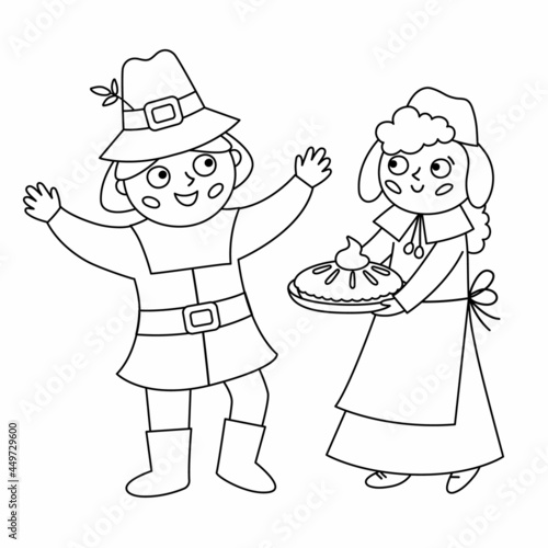 Vector black and white pilgrim man and woman isolated on white background. Thanksgiving Day outline line characters. Autumn line icon with first American people. Cute fall first settlers
