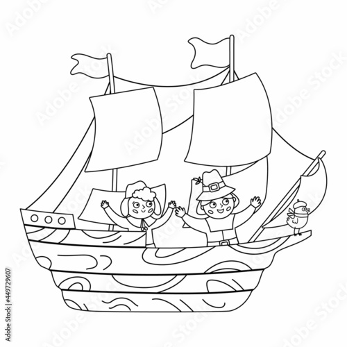 Vector black and white wooden ship with pilgrims isolated on white background. Pilgrim historical boat outline illustration. Thanksgiving Day line icon. First American people transportation.
