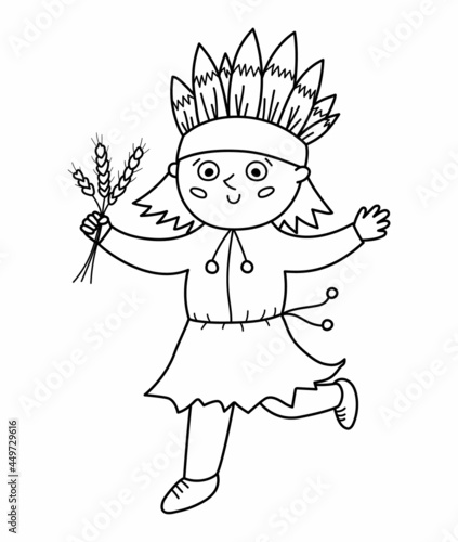 Vector black and white Indian man isolated on white background. Thanksgiving Day outline character. Autumn line icon with first American people. Cute fall holiday native illustration.
