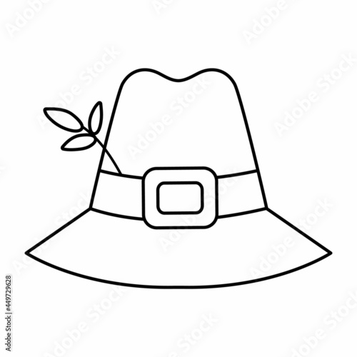 Vector black and white pilgrim hat isolated on white background. Thanksgiving Day cap. Autumn first American people clothes item line icon. Cute fall holiday cap outline illustration.