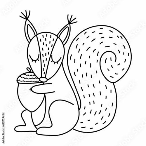 Cute black and white squirrel with acorn. Vector autumn character isolated on white background. Fall season woodland animal line icon.  Funny forest or Thanksgiving Day outline illustration..