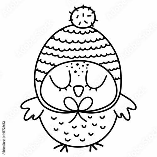 Cute black and white owl in hat. Vector outline autumn bird isolated on white background. Fall season woodland line animal icon for print, postcard.  Funny forest or Thanksgiving Day illustration..