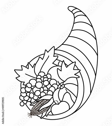 Vector cornucopia line icon. Fruit and vegetable arrangement. Outline harvest and wealth symbol with apples, pumpkin, carrot. Autumn Thanksgiving Day horn clipart. Fall season harvest illustration .