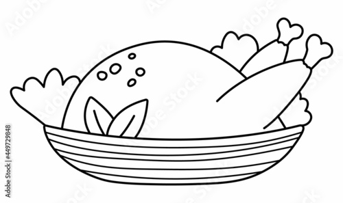 Vector black and white fried chicken or turkey on a plate. Christmas or Thanksgiving festive food. Holiday outline meal or coloring page isolated on white background.