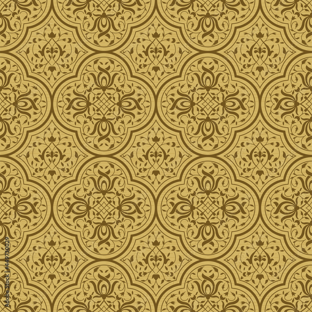 Seamless pattern with intertwining floral swirls.  Indo-Persian art. Golden, wooden background. Swatch is included.