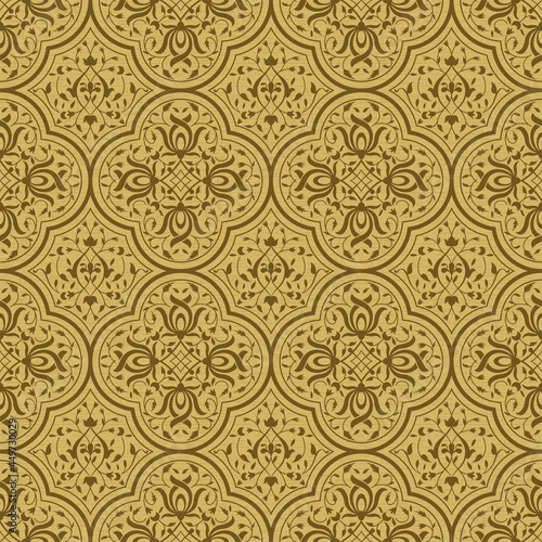 Seamless pattern with intertwining floral swirls. Indo-Persian art. Golden, wooden background. Swatch is included.