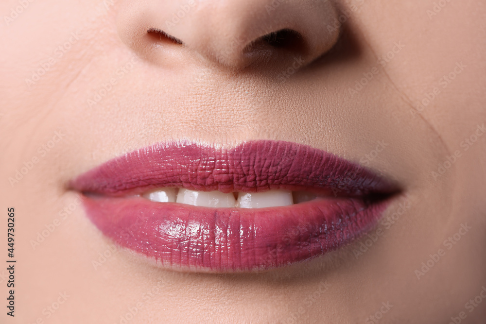 Festive professional evening lip makeup. Bright color seductive female mouth Festive professional evening lip makeup. Bright color seductive female mouth