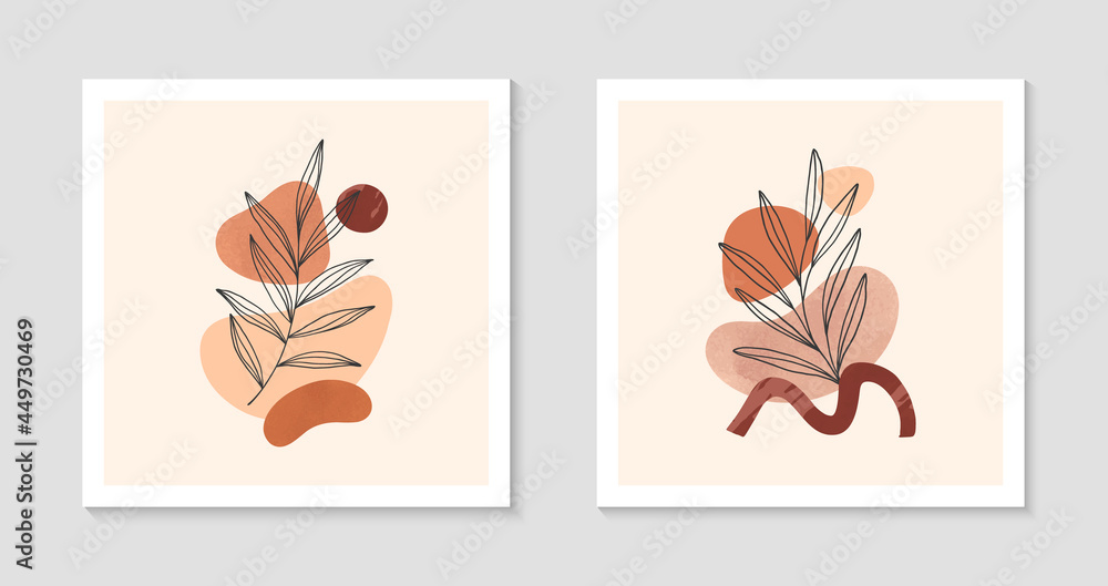 Set of modern abstract vector illustrations with organic various shapes and foliage line art.Boho watercolor wall art decor.Trendy designs for banners;social media,invitations,covers,wallpaper.