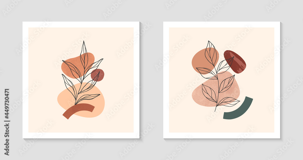 Modern abstract vector illustration with organic various shapes and foliage line art.Boho watercolor wall art decor.Trendy designs perfect for banners;social media,invitations,covers,wallpaper.