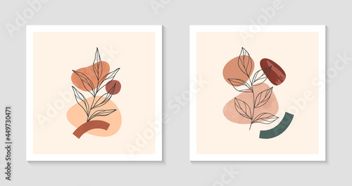 Modern abstract vector illustration with organic various shapes and foliage line art.Boho watercolor wall art decor.Trendy designs perfect for banners social media,invitations,covers,wallpaper. © Xenia Artwork 