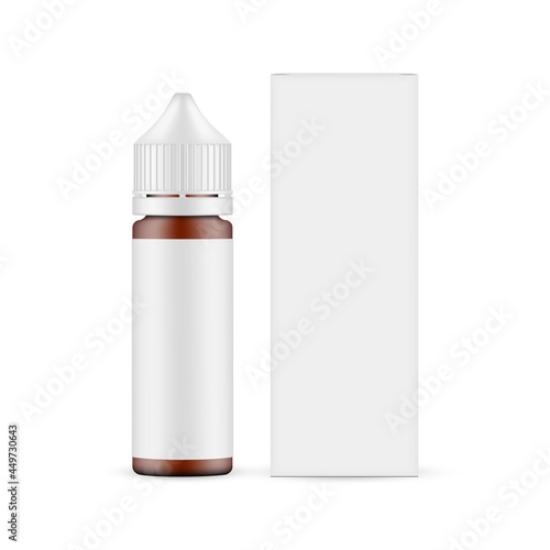 Amber Dropper Unicorn Bottle with Box Front View, Isolated on White Background. E-liquid vial Mockup. Vector Illustration