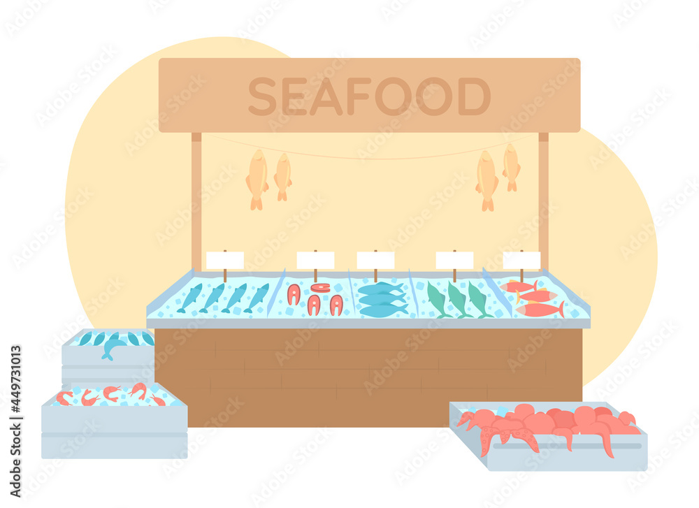 Fish market 2D vector isolated illustration. Seafood marketplace.  Supermarket fish section flat object on cartoon background. Buy fresh  production from freezer section at grocery store colourful scene Stock  Vector | Adobe Stock