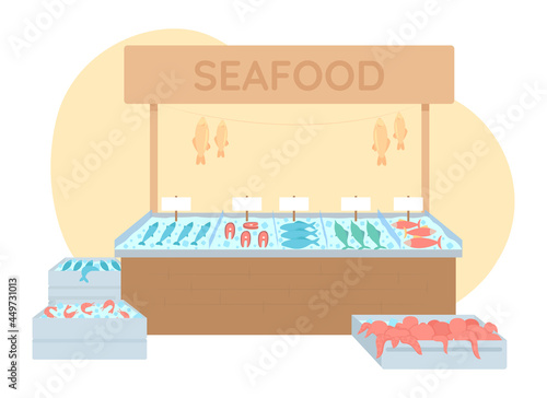 Fish market 2D vector isolated illustration. Seafood marketplace. Supermarket fish section flat object on cartoon background. Buy fresh production from freezer section at grocery store colourful scene