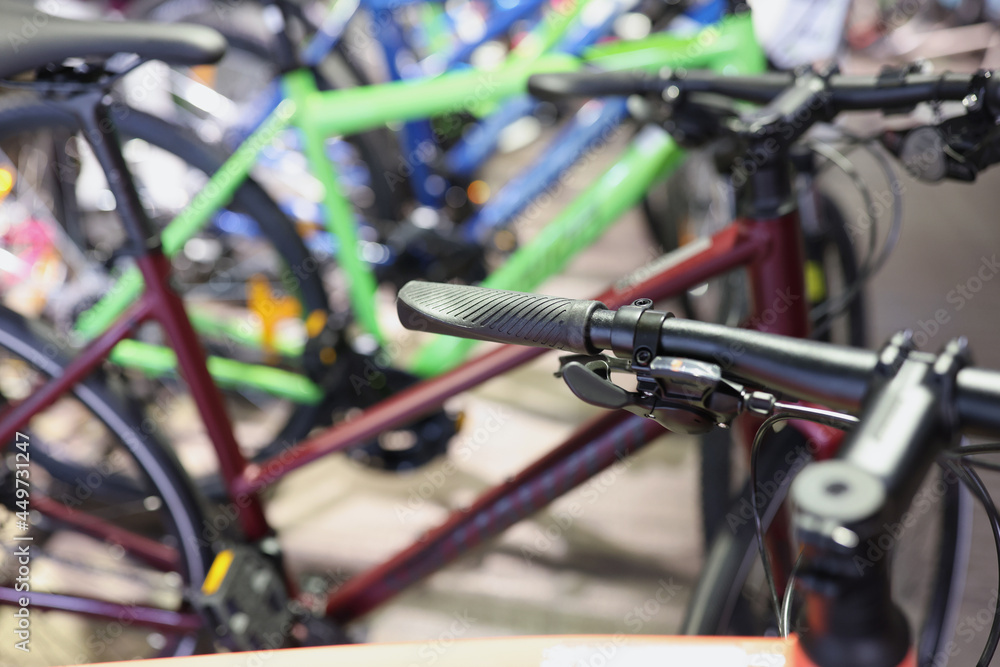 New collection of sports bicycles is in store closeup New collection of sports bicycles is in store closeup