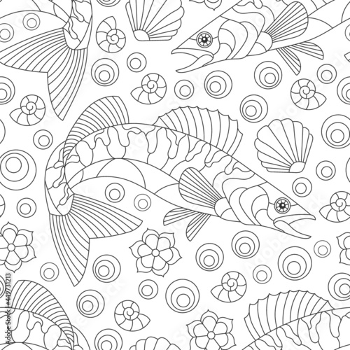 Seamless pattern with abstract dark contour fishes and shells on a white background