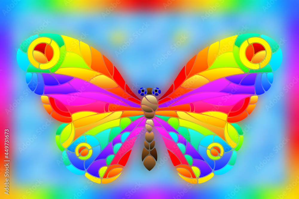 Fototapeta premium Illustration in stained glass style with a bright rainbow butterfly on a blue background in a bright frame, rectangular image