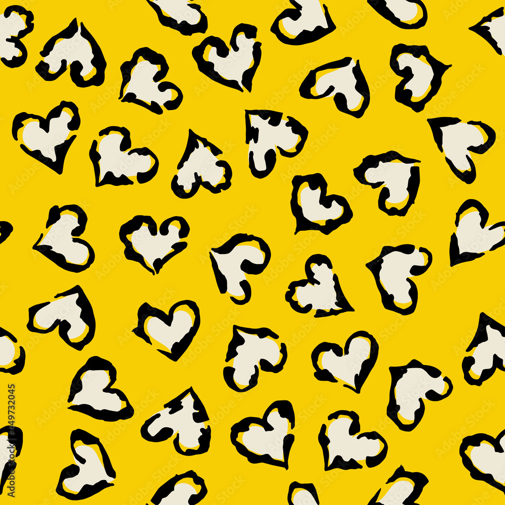 Leopard heart seamless pattern. Vector animal print. Black and white spots on yellow background. Jaguar, leopard, cheetah, panther fur. Leopard skin imitation can be painted on clothes or fabric.