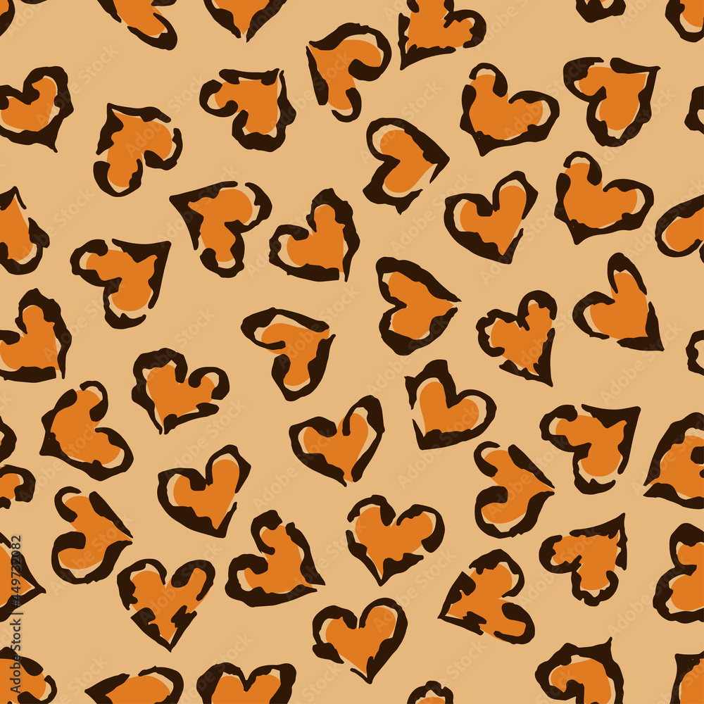 Leopard heart seamless pattern. Vector animal print. Black and orange spots on beige background. Jaguar, leopard, cheetah, panther fur. Leopard skin imitation can be painted on clothes or fabric.
