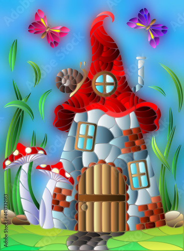 A stained-glass illustration with a fairy-tale dwarf house on a background of grass and blue sky