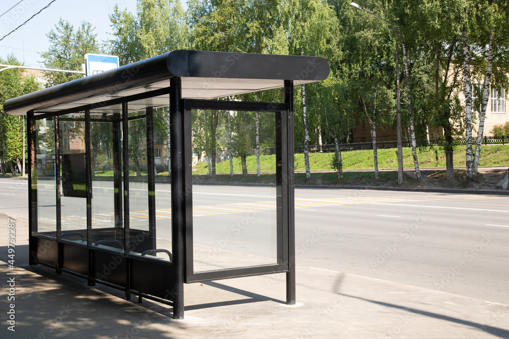 Bus stop on the street of the city. Transportation services in the city.