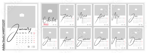 Wall Monthly Photo Calendar 2022. Simple monthly vertical photo calendar Layout for 2022 year in English. Cover Calendar, 12 months templates. Week starts from Monday. Vector illustration