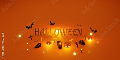 halloween background gravestone pumpkin cross coffin yellow background 3D illustration