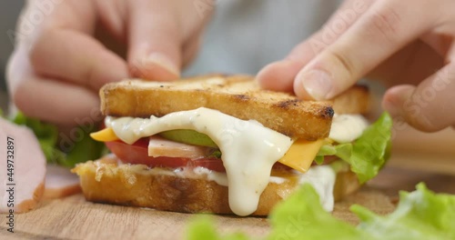 Big appetizing Sandwich with ham, ripe tomato slices and pieces of cheese, lettuce and mayonnaise sauce photo