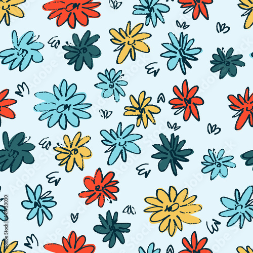 Seamless pattern with hand drawn meadow flowers in Ditsy style. Colorful illustrations on light-colored background for surface design and other design projects