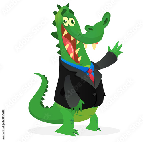 Cartoon funny smiling crocodile wearing toxedo or business suit.  Vector illustration of green aligator