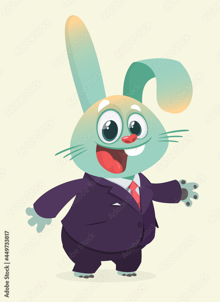 Cartoon funny smiling bunny rabbit wearing toxedo or business suit.  Vector illustration