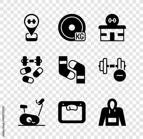 Set Location gym, Weight plate, Gym building, Stationary bicycle, Bathroom scales, Hoodie, Sports doping with dumbbell and Socks icon. Vector