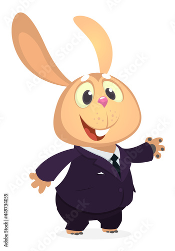 Cartoon funny smiling bunny rabbit wearing toxedo or business suit. Vector illustration