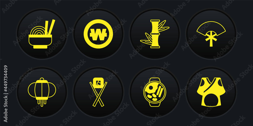 Set Korean lantern, Traditional fan, Sushi with chopsticks, Ramen, Bamboo, South won coin, Kimono and Asian noodles bowl icon. Vector Set Korean lantern, Traditional fan, Sushi with chopsticks, Ramen, Bamboo, South won coin, Kimono and Asian noodles bowl icon. Vector