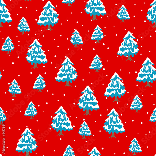 Winter seamless pattern with Christmas tree and snowflakes on color background. Vector illustration for fabric, textile wallpaper, posters, gift wrapping paper. Merry Christmas and New year Vector. © Alla