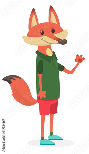 Cartoon funny and happy fox wearing modern fancy style clothes. Vector illustration isolated.