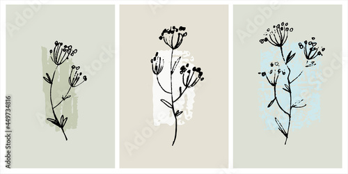 Home decor printable line art. Set of hand drawn vector brush-like paintings of flowers on backgrounds with brushstroke textures. Contemporary design for prints, posters, cards, textile