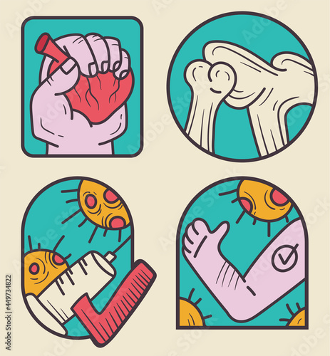 Medicine laboratory health care sticker badge isolated set. Vector flat cartoon graphic illustration
