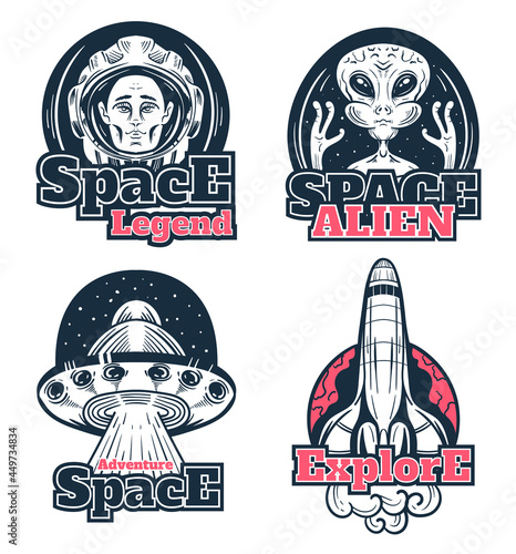 Space scientific explore astronaut alien rocket planet sticker badge isolated set. Vector flat cartoon graphic illustration