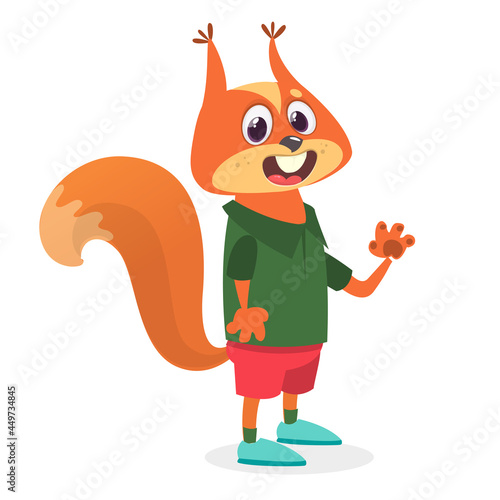 Cartoon funny and happy squirrel wearing modern fancy style clothes. Vector illustration isolated.