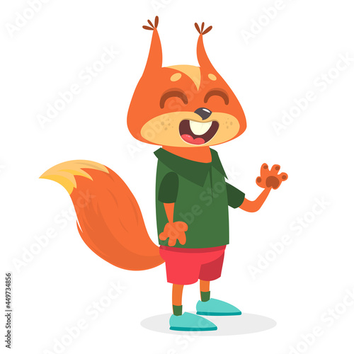 Cartoon funny and happy squirrel wearing modern fancy style clothes. Vector illustration isolated.