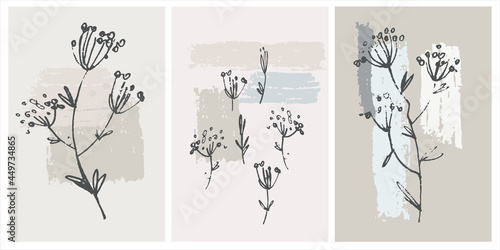 Home decor printable line art. Set of hand drawn vector brush-like paintings of flowers on backgrounds with brushstroke textures. Contemporary design for prints, posters, cards, textile