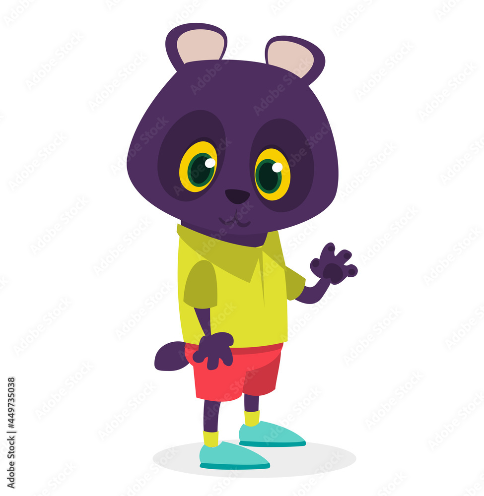 Cartoon funny and happy bear in modern fancy style wearing clothes. Vector illustration isolated.