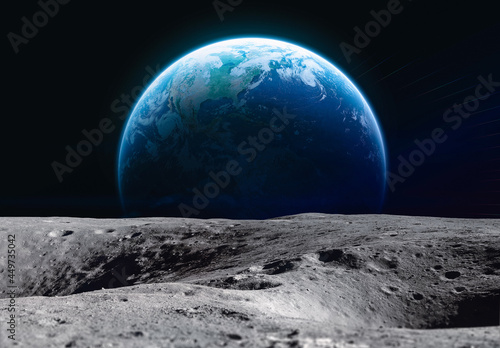 Fototapeta Naklejka Na Ścianę i Meble -  Moon surface and Earth planet in outer space. Exploration of Solar system. Artemis space program. Elements of this image furnished by NASA