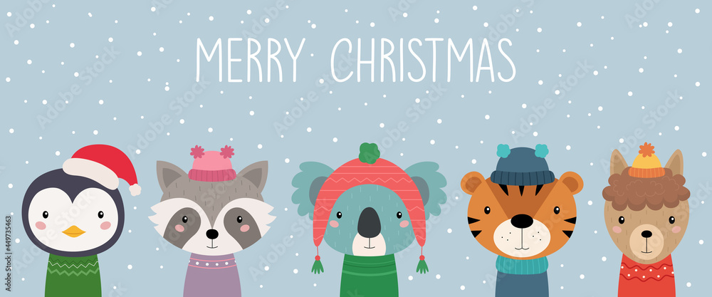 A postcard with Christmas animals. Merry Christmas. Penguin, raccoon, koala, tiger, alpaca. Cute animals in knitted hats and scarves. Vector illustration A postcard with Christmas animals. Merry Christmas. Penguin, raccoon, koala, tiger, alpaca. Cute animals in knitted hats and scarves. Vector illustration