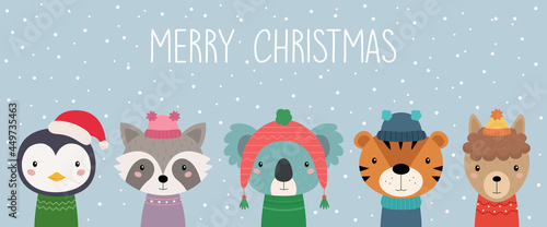 A postcard with Christmas animals. Merry Christmas. Penguin, raccoon, koala, tiger, alpaca. Cute animals in knitted hats and scarves. Vector illustration