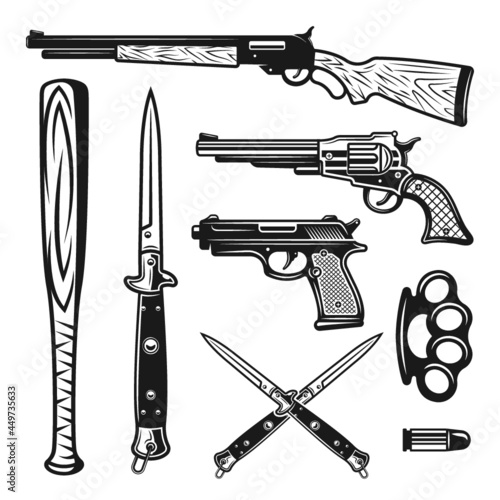 Weapons design elements and objects in vintage monochrome style Premium Vector 